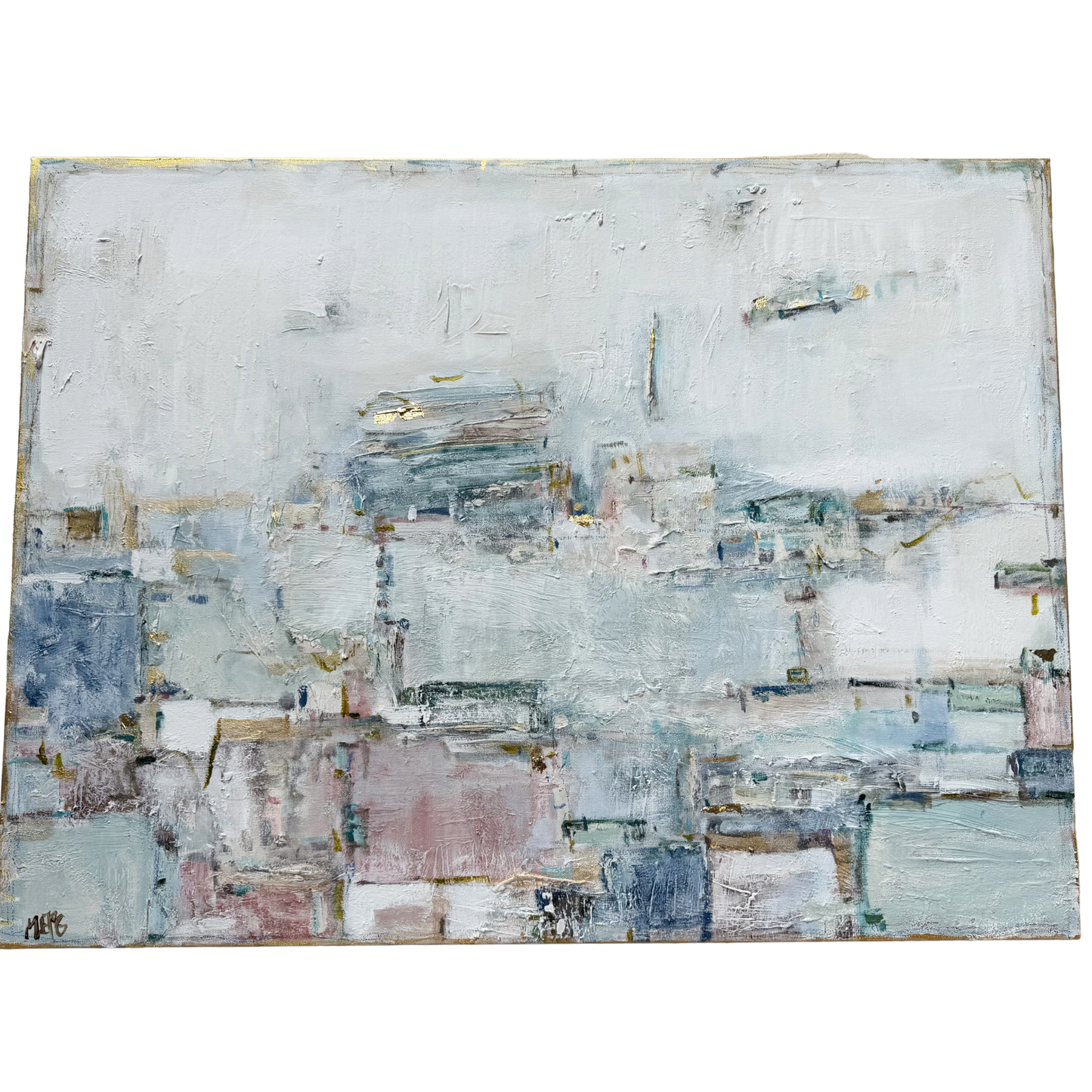 Megan Guidrys abstract painting features soft blue, white, and pink tones evoking a textured Banff water landscape.