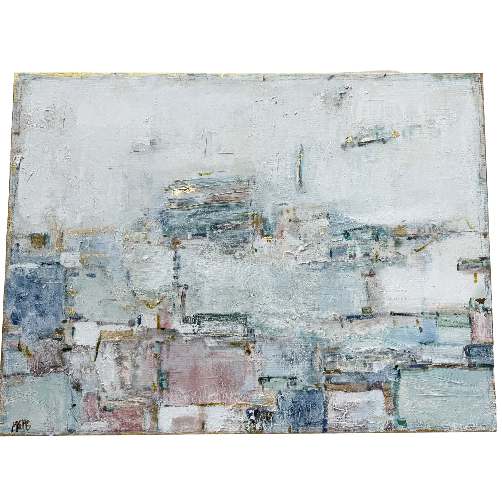Megan Guidrys abstract painting features soft blue, white, and pink tones evoking a textured Banff water landscape.