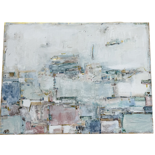 Megan Guidrys abstract painting features soft blue, white, and pink tones evoking a textured Banff water landscape.