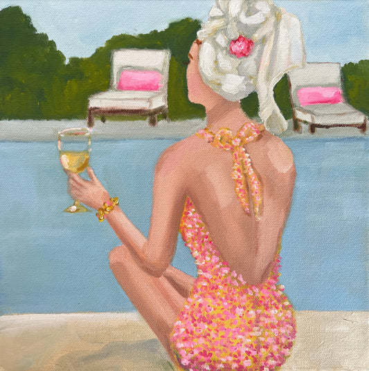 Showgirl art-inspired oil painting: Woman in pink swimsuit with towel sits poolside, wine glass in hand, chairs behind.