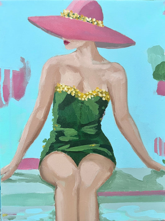 A woman in a green swimsuit and pink hat sits by water, pastel colors behind her—perfect as wall art or oil painting.