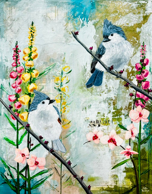Two blue and white birds perch on branches with yellow and pink flowers in an imagined garden painting on canvas.