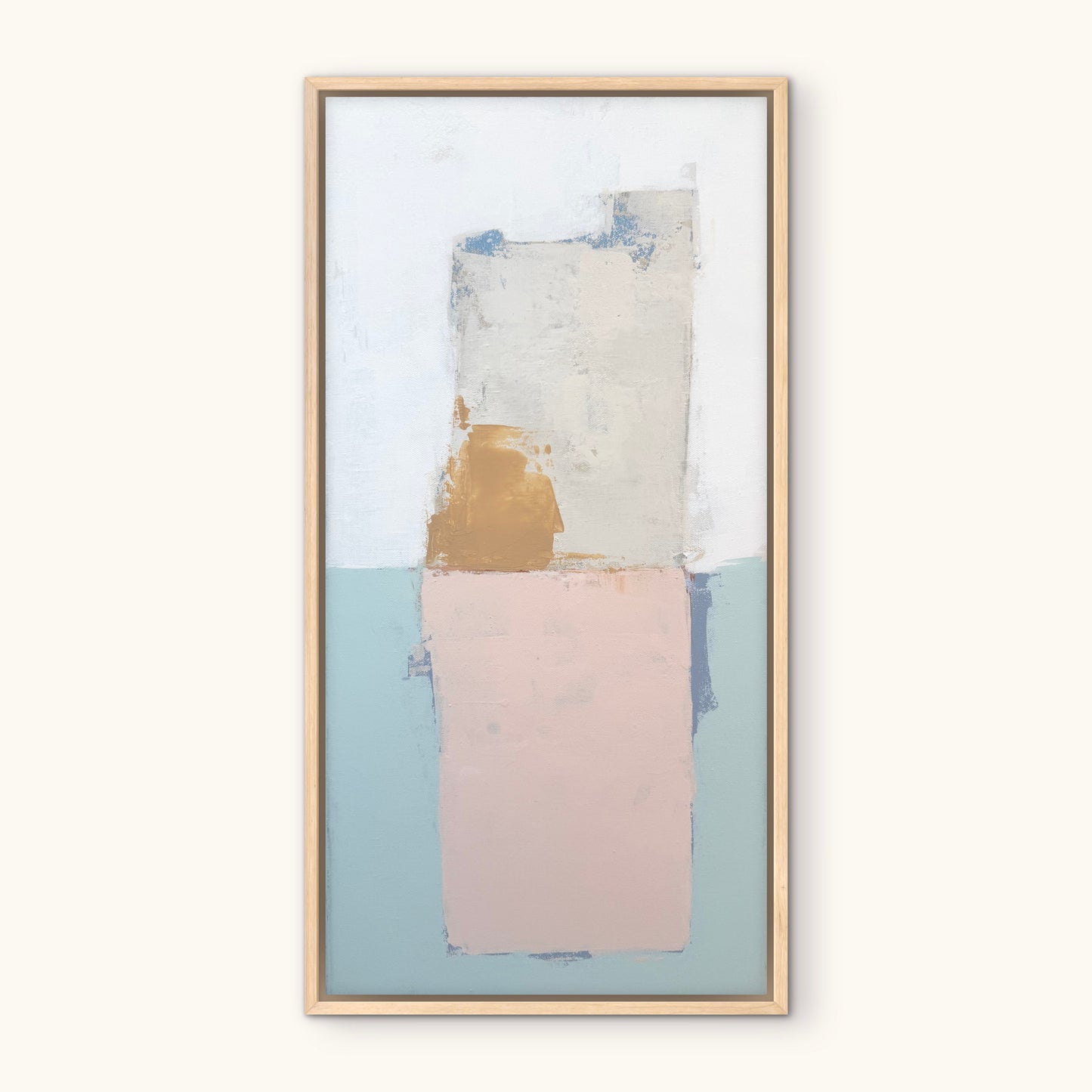 KP Art Collective minimalist print with pastel blue, pink, cream, and gold blocks in a light wood frame.