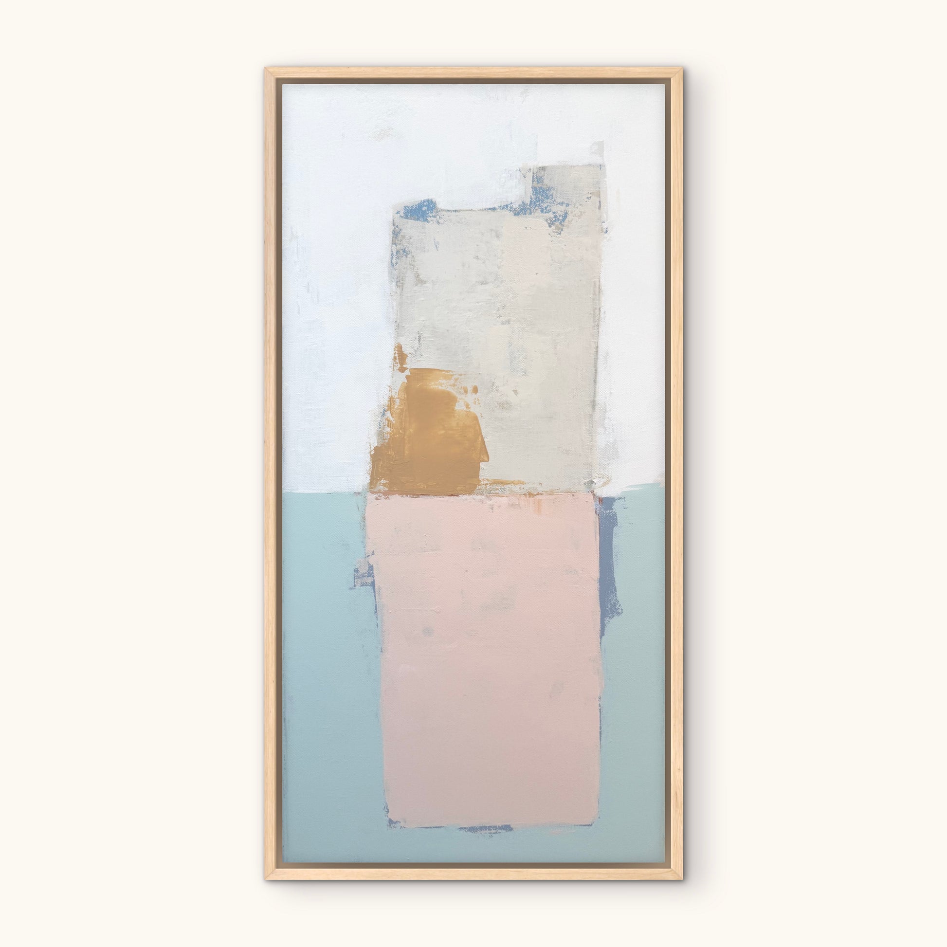 KP Art Collective minimalist print with pastel blue, pink, cream, and gold blocks in a light wood frame.