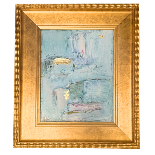 Megan Guidry framed art inspired by glacial blue lakes and gold, in an ornate golden frame, viewed from the front.