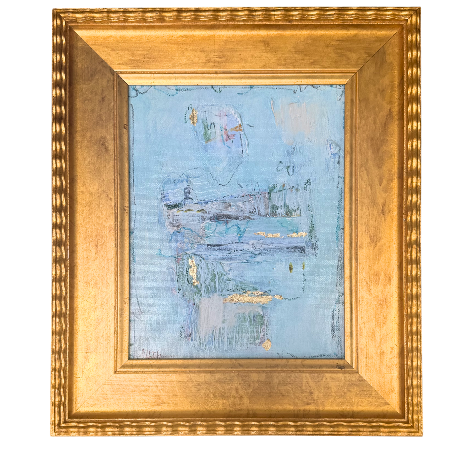 Megan Guidry framed art with abstract blue and pastel brushstrokes in an ornate gold frame, inspired by glacial lakes.