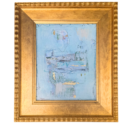 Megan Guidry framed art with abstract blue and pastel brushstrokes in an ornate gold frame, inspired by glacial lakes.