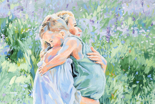 Elizabeth Alice: Acrylic on canvas shows a mother hugging her child in a sunlit, flower-filled field.