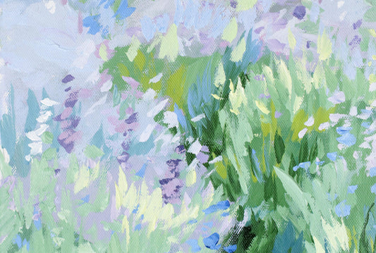 Elizabeth Alice Impressionist acrylic: green grass, purple flowers, pastels, gentle mother-and-child canvas art.