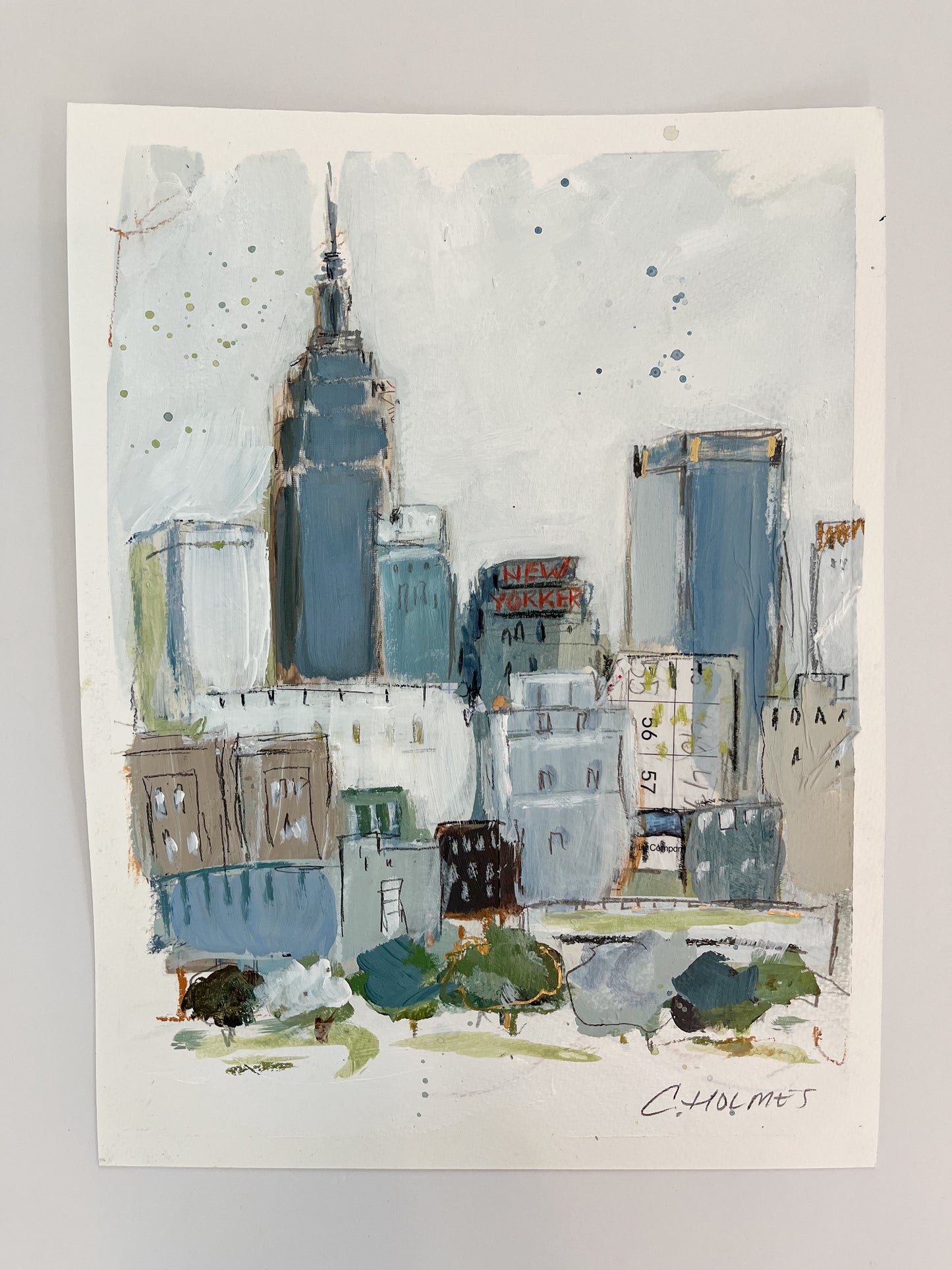 A vibrant 9x12 acrylic on paper NYC skyline with skyscrapers and New Yorker sign by Christy Holmes.