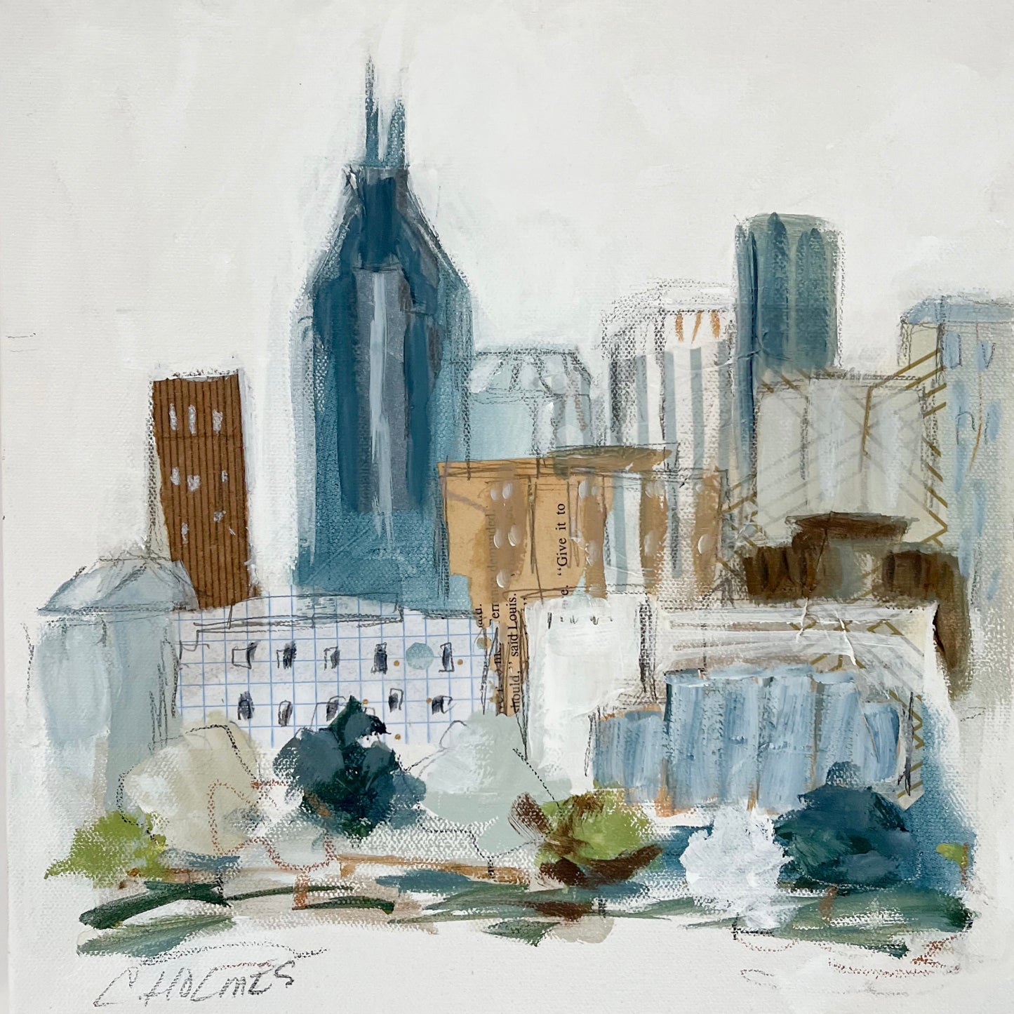 Christy Holmes acrylic on canvas: Abstract Nashville skyline in blue, brown & white with green trees in foreground.