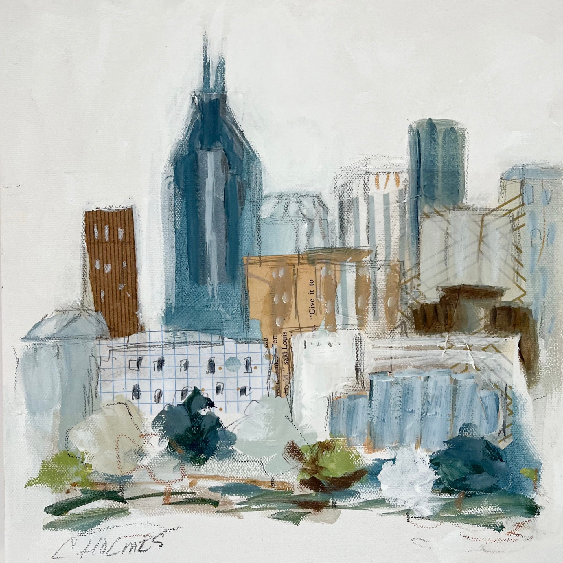 Christy Holmes acrylic on canvas: Abstract Nashville skyline in blue, brown & white with green trees in foreground.