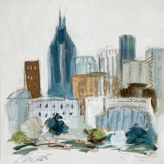Christy Holmes acrylic on canvas: Abstract Nashville skyline in blue, brown & white with green trees in foreground.