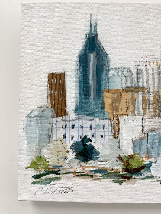 Christy Holmes acrylic on canvas abstract of Nashville skyline with tall blue, brown buildings and greenery in front.
