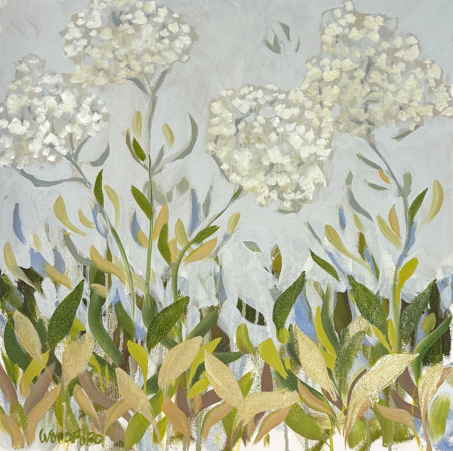 Shannon Woodford modern oil painting featuring tall white hydrangea flowers with green leaves on a soft background.