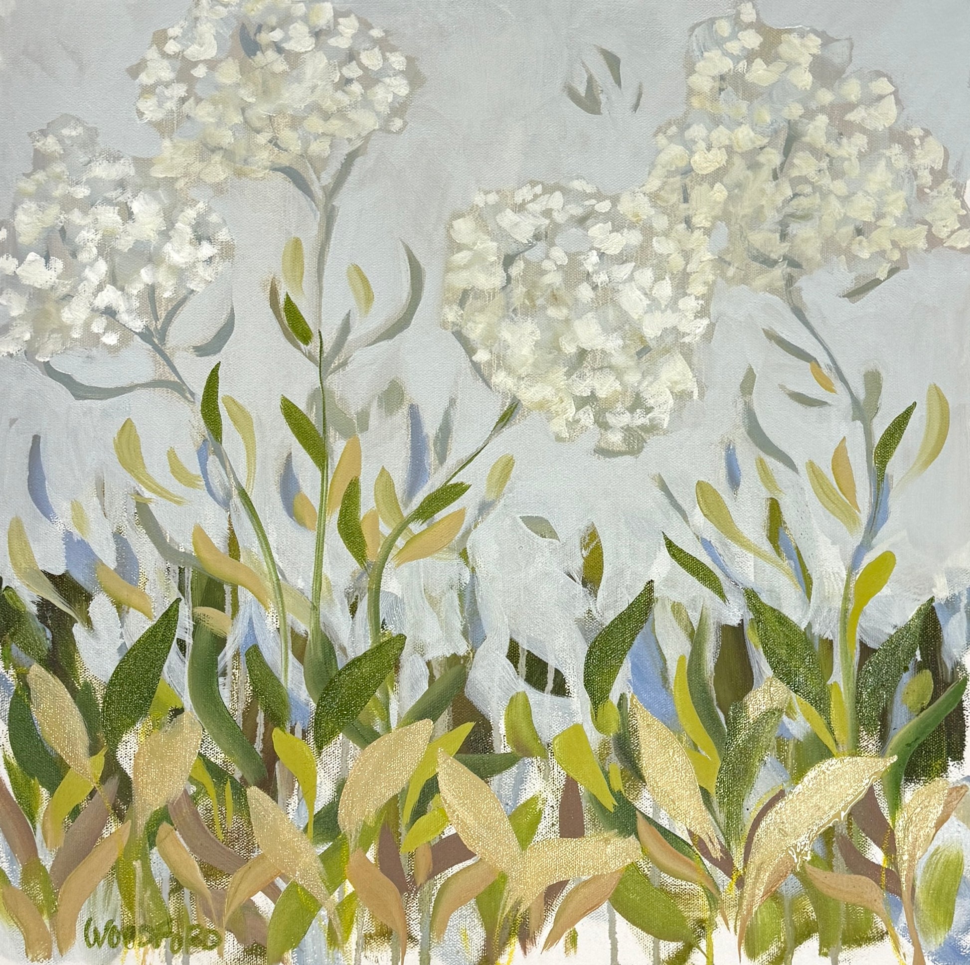 Shannon Woodford modern oil painting featuring tall white hydrangea flowers with green leaves on a soft background.