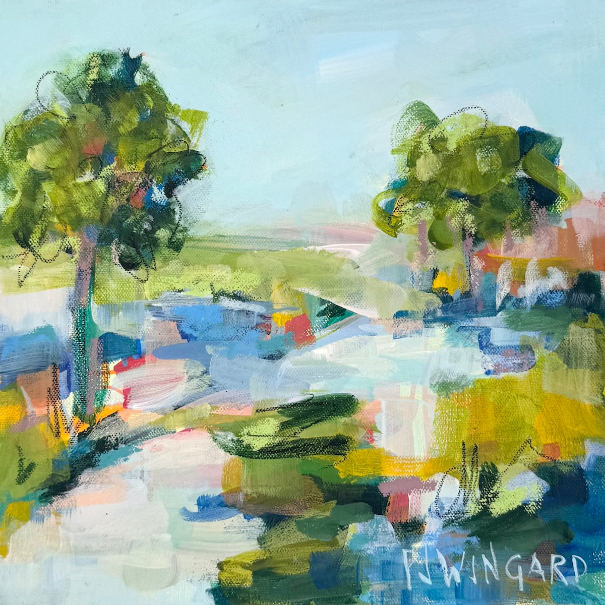 Abstract coastal painting with two green trees on a colorful ground, blue sky, by Pamela Wingard Fine Art.