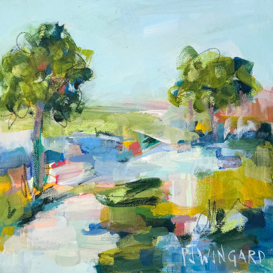 Abstract coastal painting with two green trees on a colorful ground, blue sky, by Pamela Wingard Fine Art.