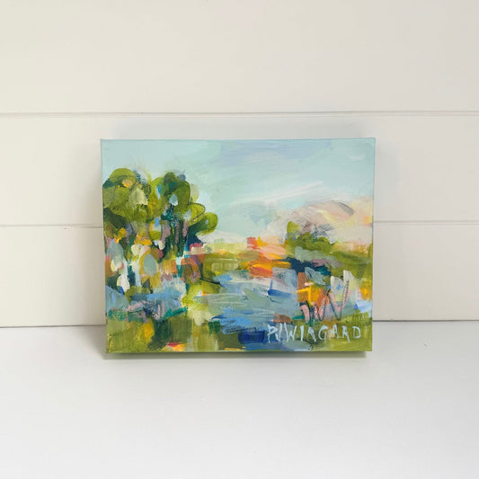 Colorful abstract coastal painting with trees by Pamela Wingard Fine Art on gallery canvas, signed in corner.