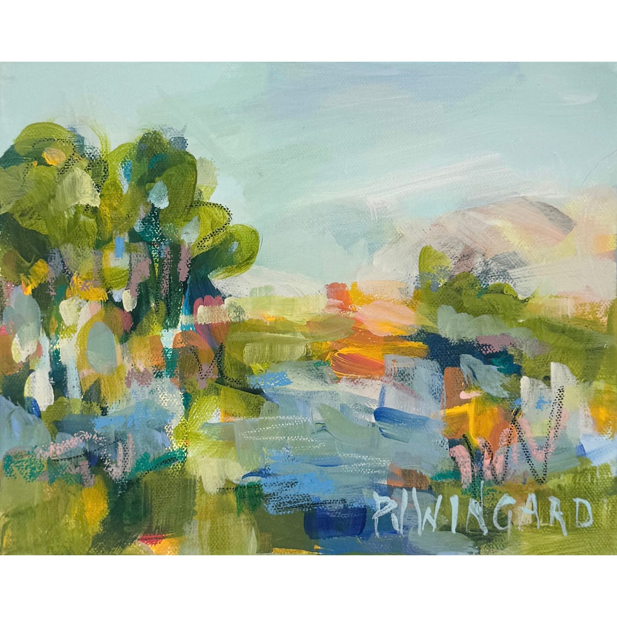 Colorful abstract coastal painting with trees and water on canvas by Pamela Wingard Fine Art, Vacation Groove Collection.