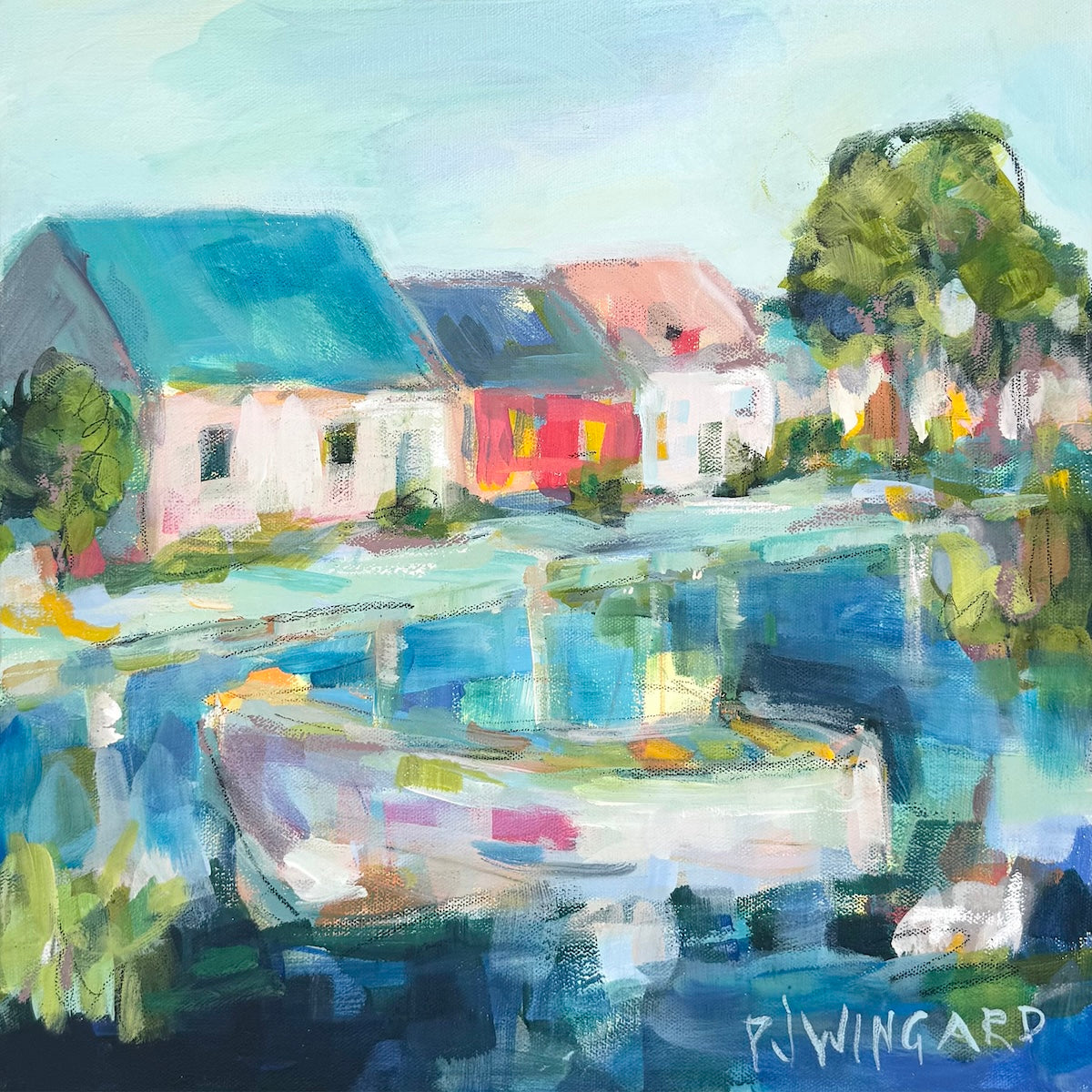 Abstract coastal painting with houses, trees, and boat reflected in water by Pamela Wingard Fine Art.