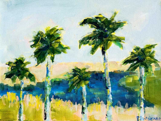 Five green palm trees stand against a blue and tan background in this abstract Surf’s Up coastal painting.