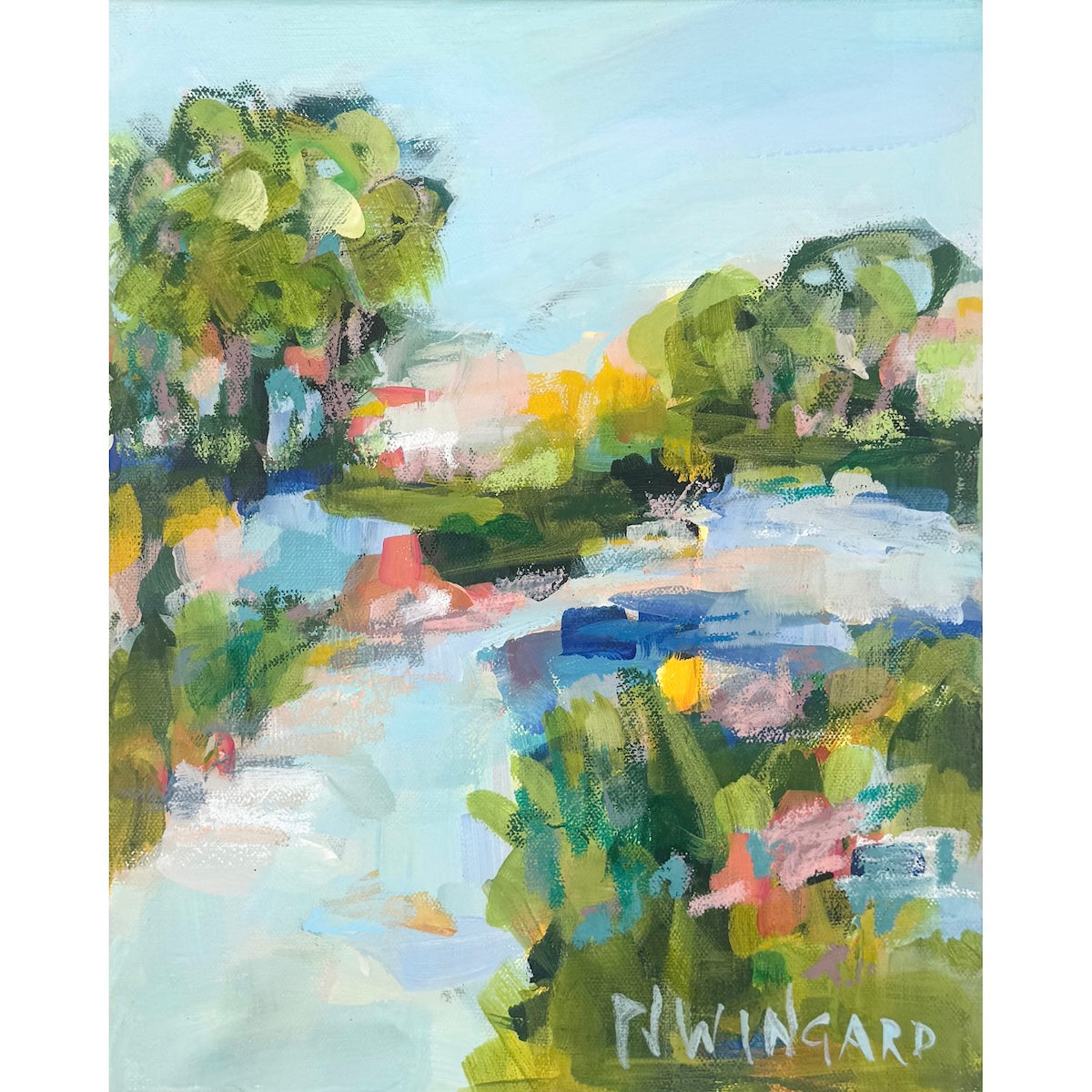 Pamela Wingard Fine Art coastal painting with vibrant trees, water, and greenery beneath a bright blue sky.