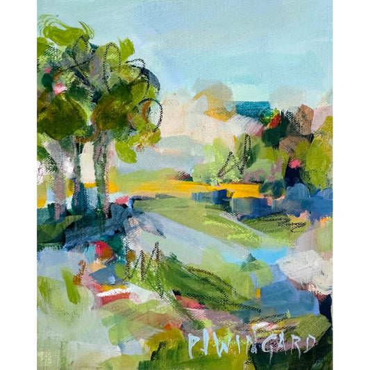 Colorful abstract coastal landscape with trees on gallery depth canvas by Pamela Wingard Fine Art, signed Dawn Guard.