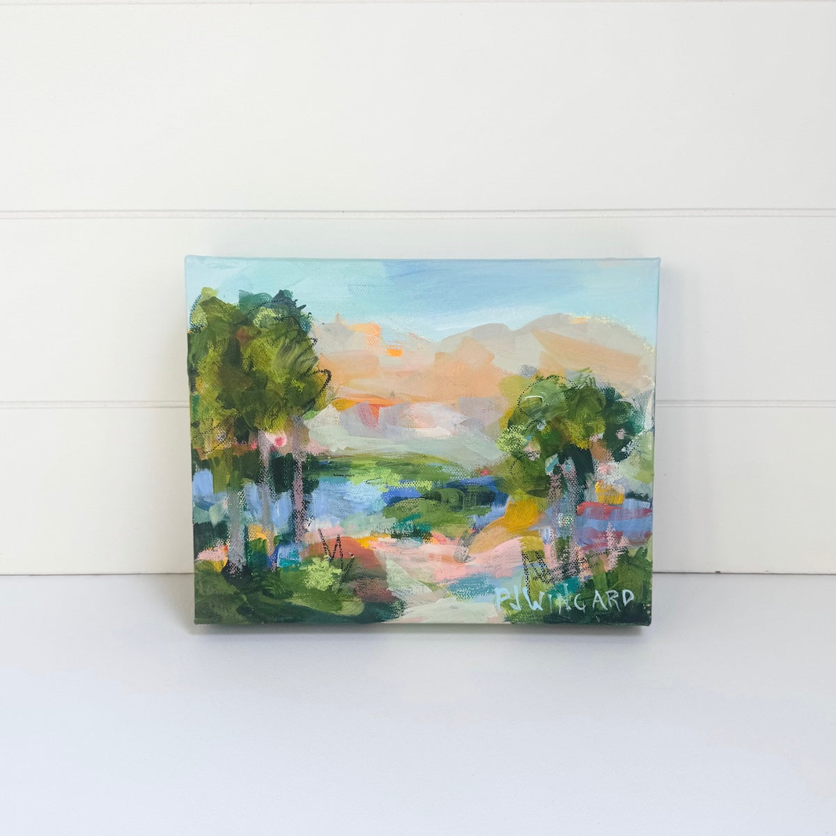 Abstract coastal painting with trees on gallery canvas by Pamela Wingard Fine Art, from the Vacation Groove Collection.
