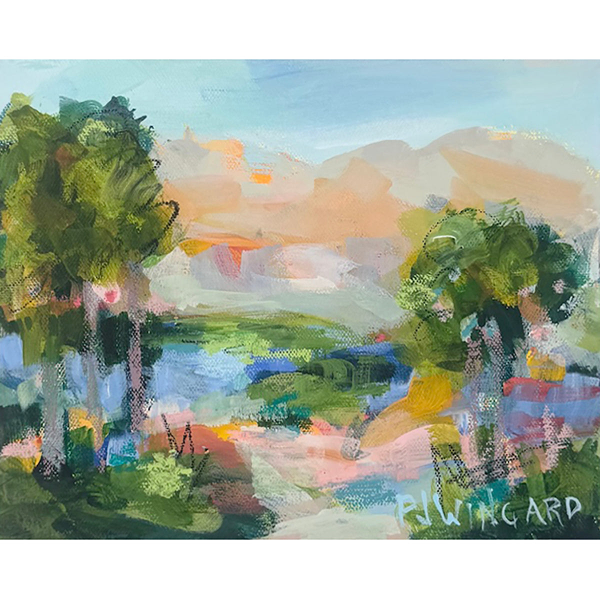 Pamela Wingard Fine Art: Abstract landscape on gallery canvas with green trees, pond, mountains, and blue sky.