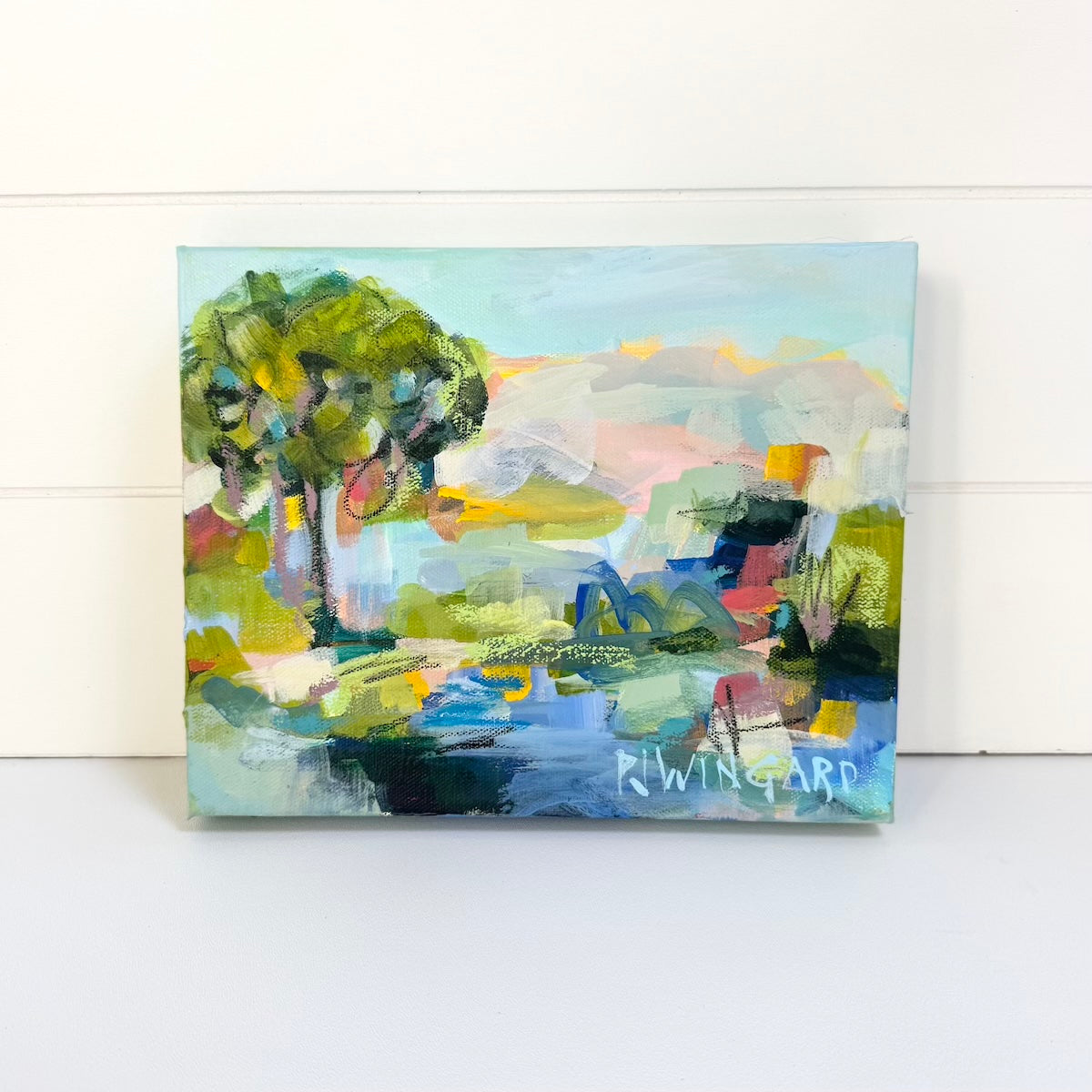 Abstract coastal painting with a tree and colorful brushstrokes by Pamela Wingard Fine Art on gallery-depth canvas.