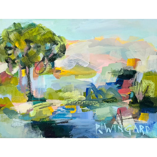 Pamela Wingard Fine Art: Vibrant coastal painting on gallery-depth canvas with trees, water, and grassy landscape.