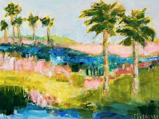 Abstract coastal painting of palm trees on a sunny landscape, part of the Surf’s Up collection with vibrant brushstrokes.