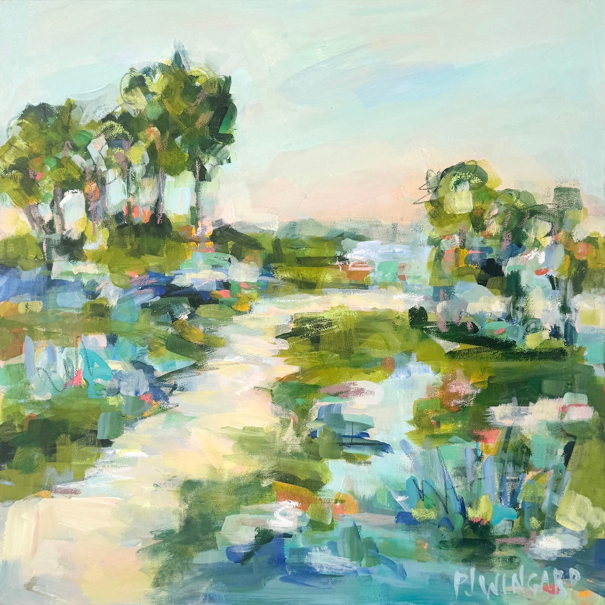 Pamela Wingard Fine Art: abstract coastal painting of a grassy path with trees in green, blue, and pastel tones.