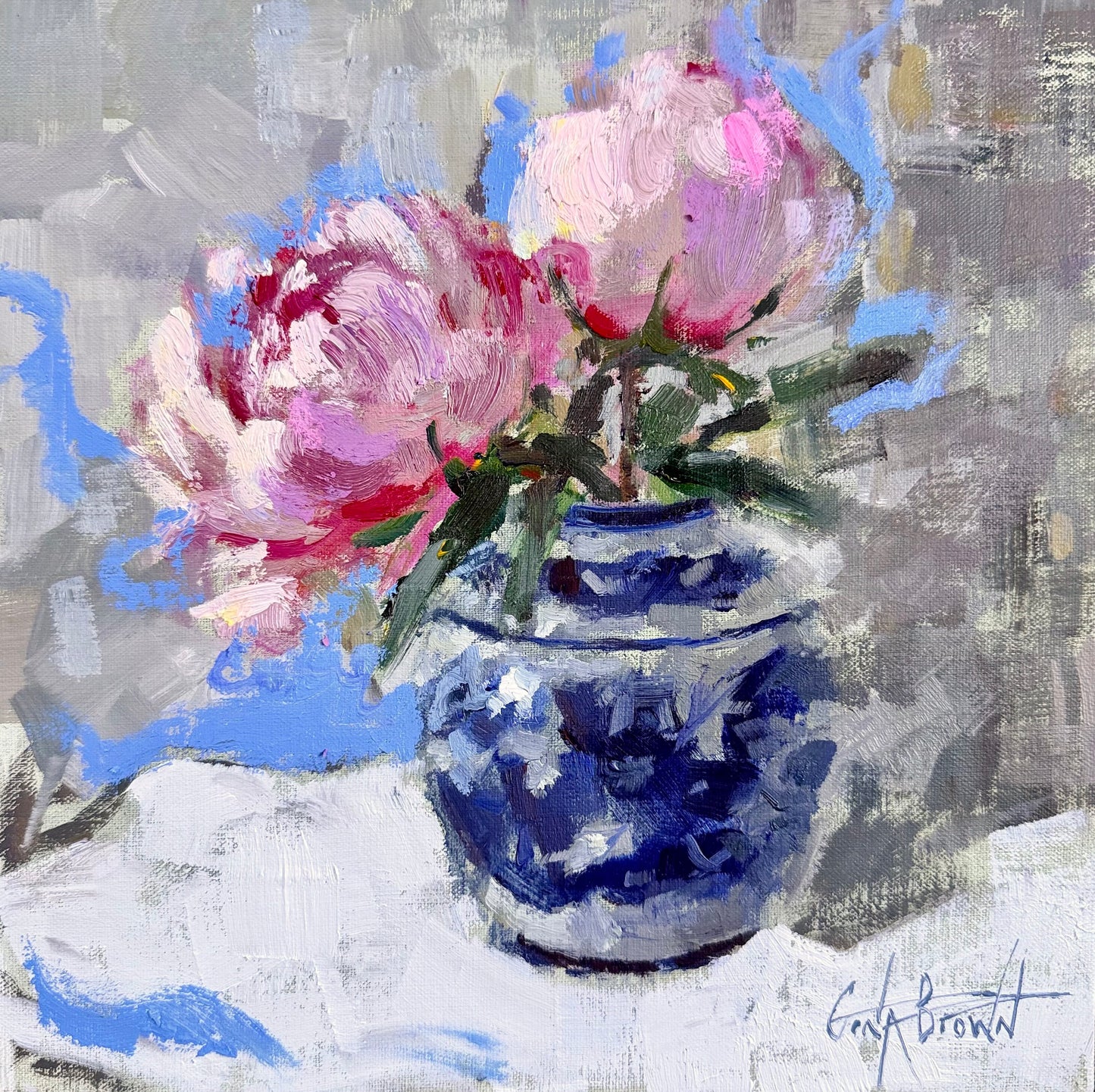 Gina Brown original oil painting: blue and white vase with pink peonies in impressionist style on textured background.
