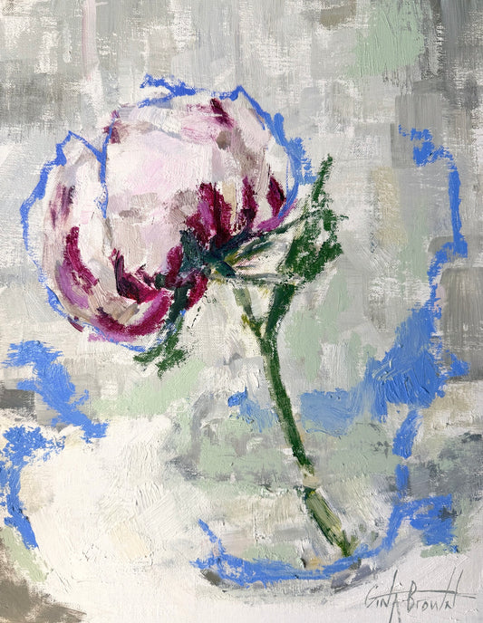 Gina Brown impressionist oil painting of a pink and white peony with green stem on a textured abstract background.