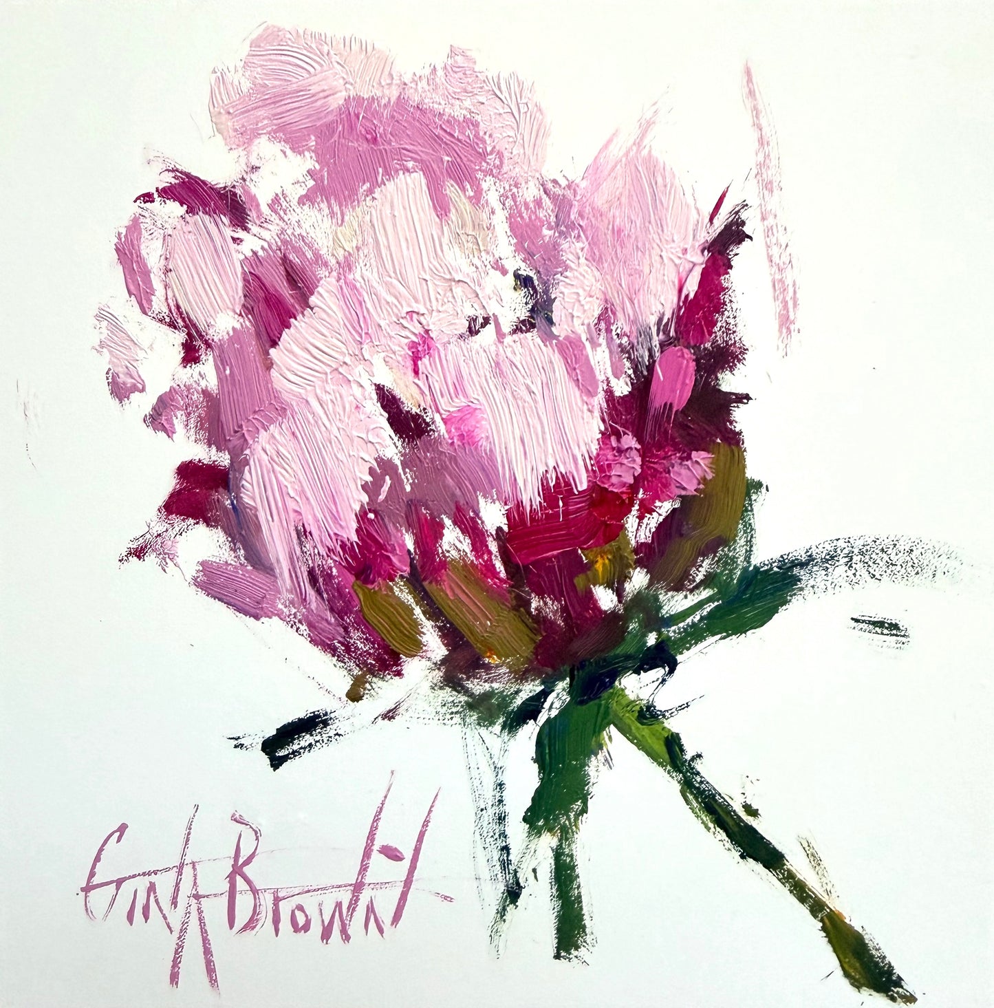 Original oil painting by Gina Brown: abstract pink flower with green stem, bold strokes, signature bottom left.