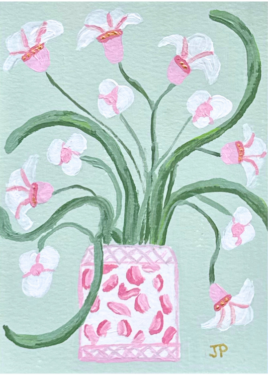 Original acrylic painting of a hand-painted vase with pink and white flowers, green stems, and leafy patterns.