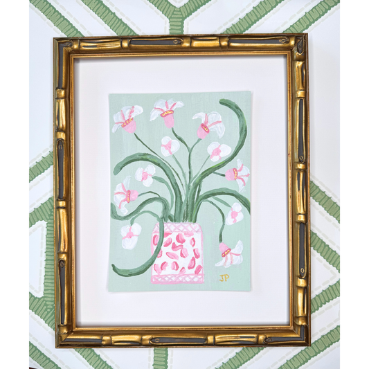 Original acrylic painting of pink and white flowers in a hand-painted vase on a green patterned background.