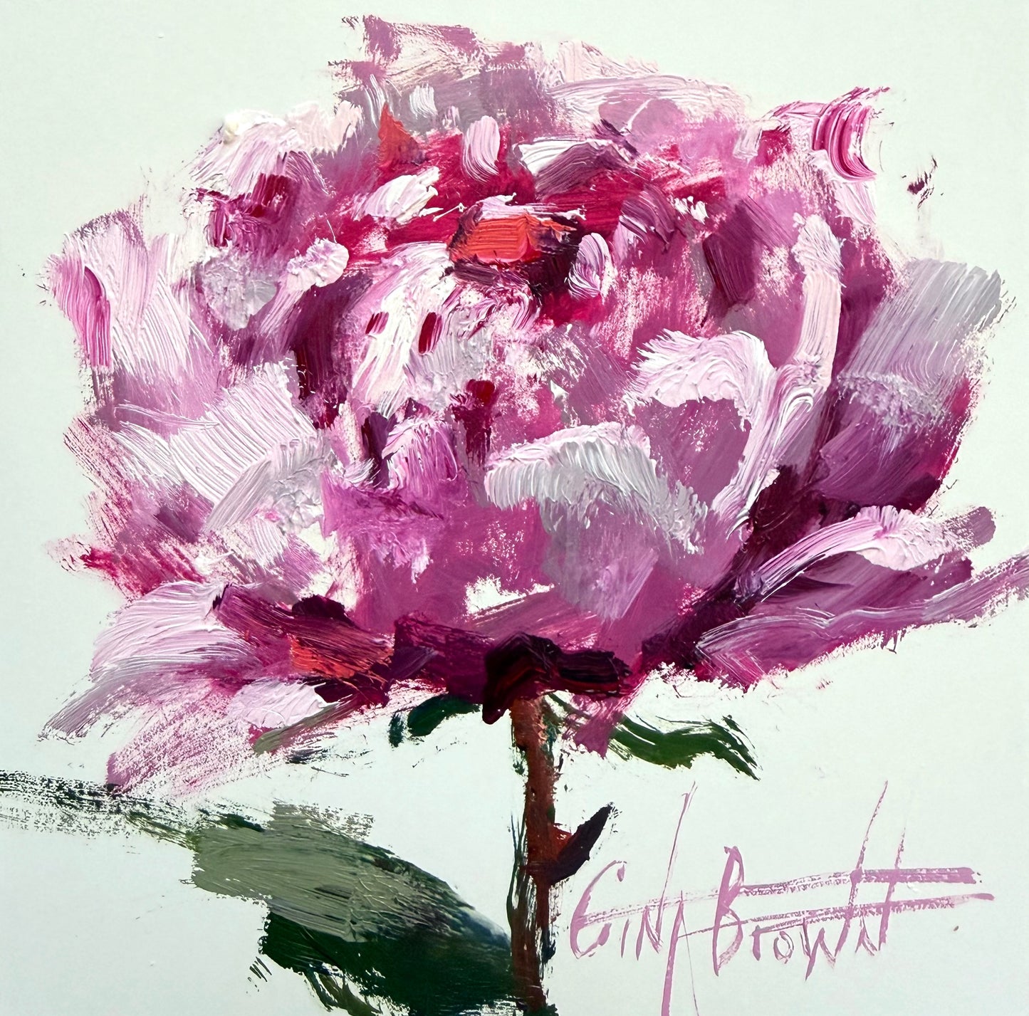 Gina Brown original oil painting of a pink peony with bold brushstrokes and green stem on a pale background.