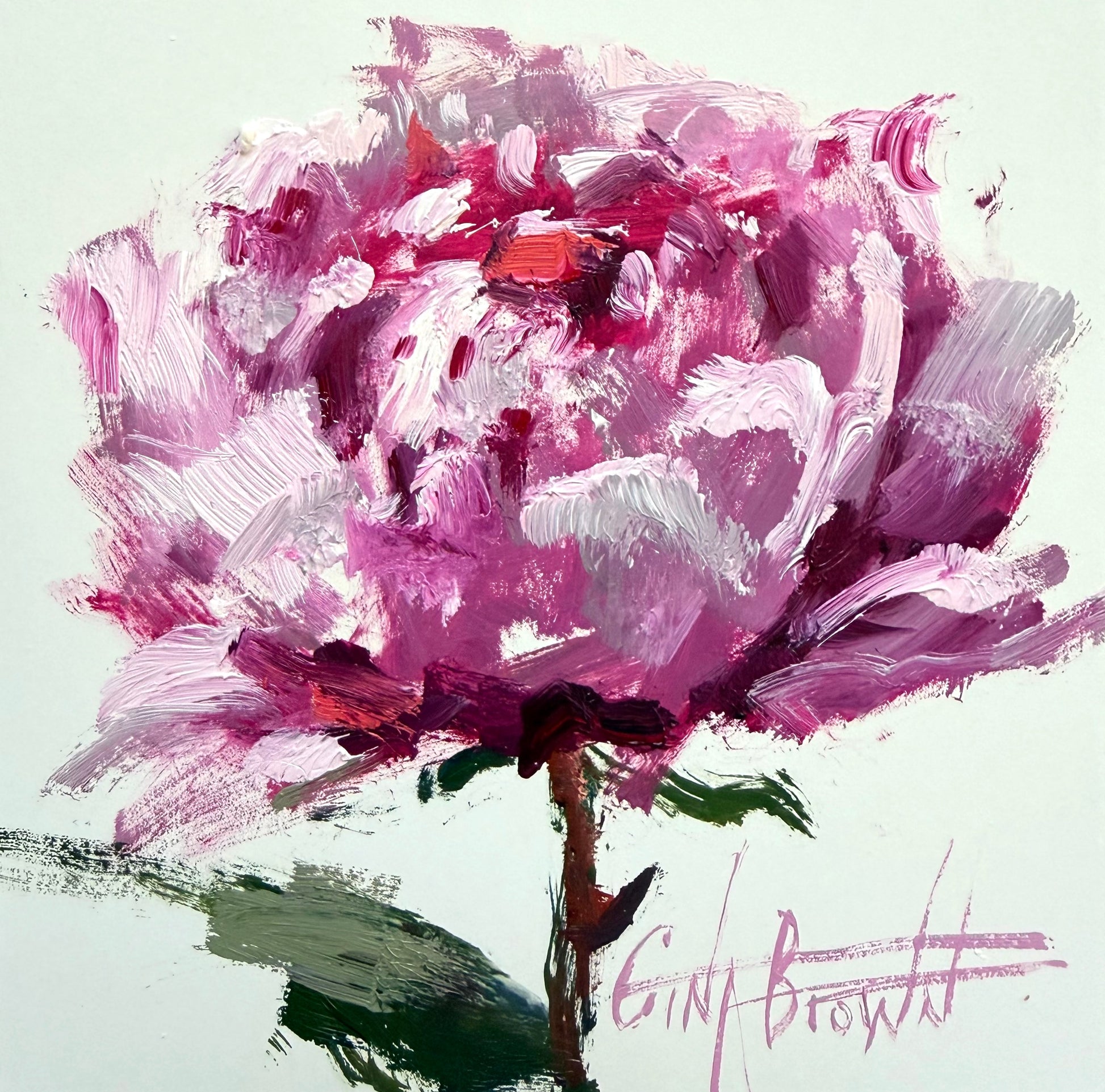 Gina Brown original oil painting of a pink peony with bold brushstrokes and green stem on a pale background.