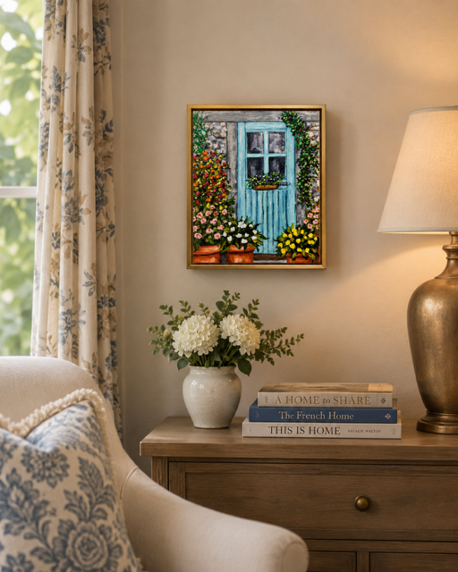 Cozy living room with a lamp, books, fresh flowers, and a garden-inspired painting above the dresser.