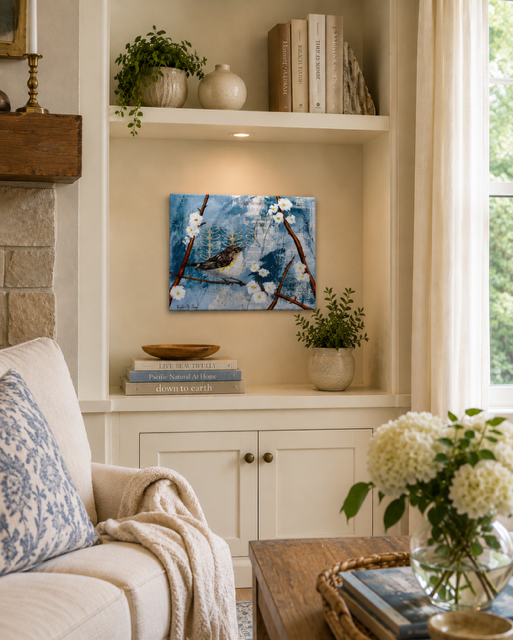 Cozy living room with built-in shelves, books, potted plants, garden art, bird painting, and a light-colored sofa.