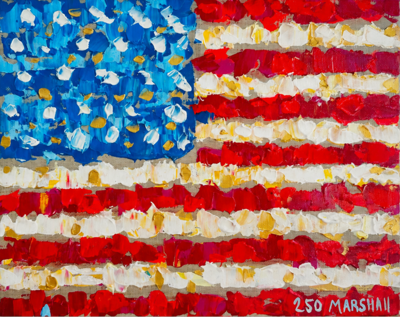 Bold acrylic painting of the American flag, signed 250 Marshall by Lauren Marshall Fine Art.