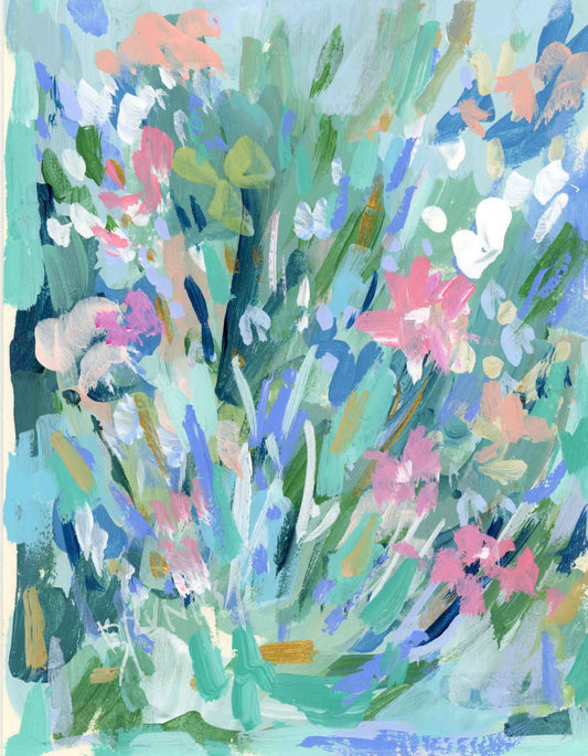 Colorful wildflower art by Michelle Brunner with pink, blue, and green brushstrokes from the Seabreeze Series.