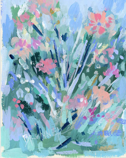 Impressionistic wildflower art by Michelle Brunner features pink and peach flowers with green leaves on light blue.