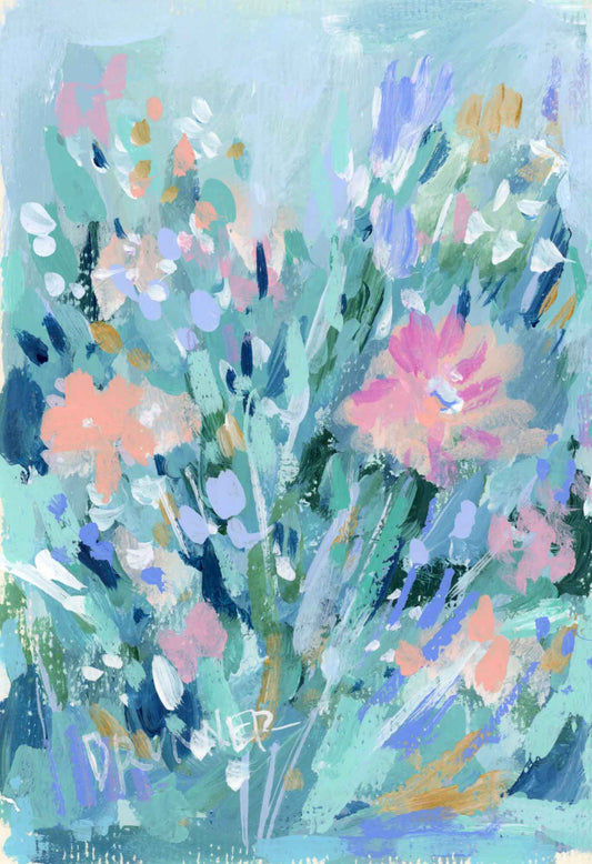 Abstract acrylic painting of pastel flowers and leaves by Michelle Brunner, from the Seabreeze Wildflower Series.