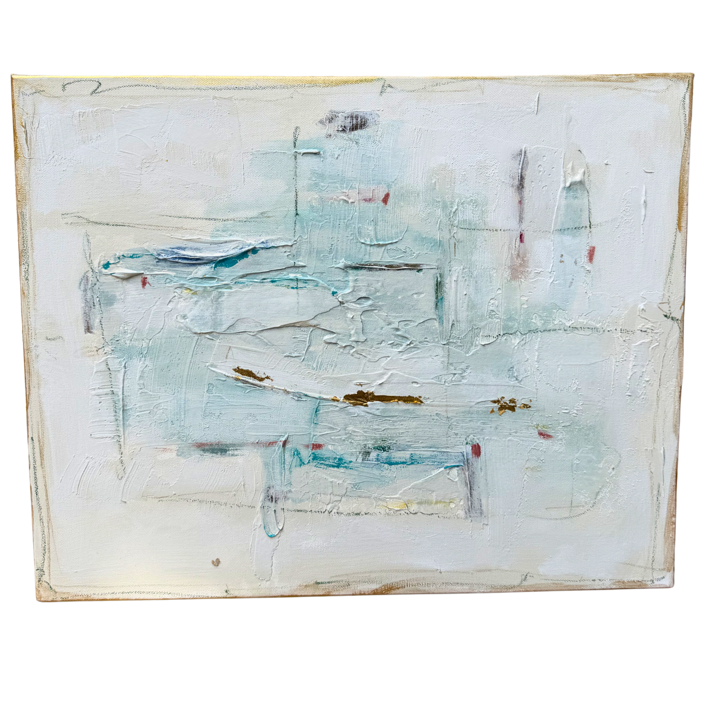 Megan Guidry abstract painting features textured white, blue, and light brown brushstrokes on a rectangular canvas.