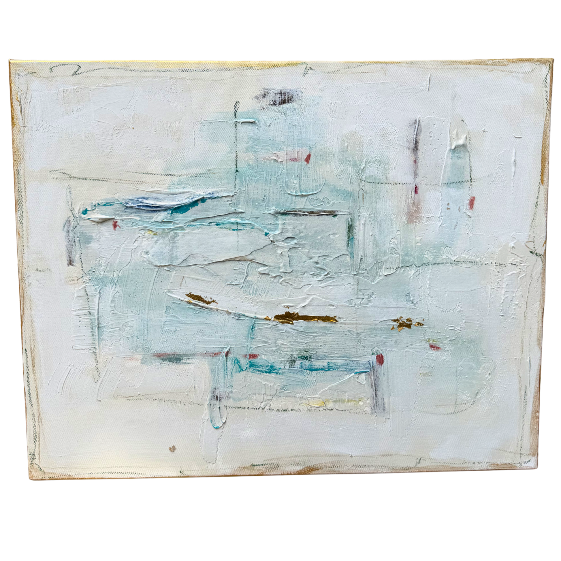 Megan Guidry abstract painting features textured white, blue, and light brown brushstrokes on a rectangular canvas.