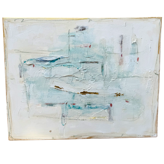 Megan Guidry abstract painting features textured white, blue, and light brown brushstrokes on a rectangular canvas.